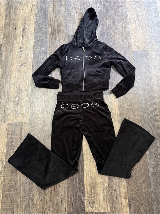 bebe Pants - Bebe Black Velour Rhinestone Tracksuit Women’s Size XS Hoodie & Pants